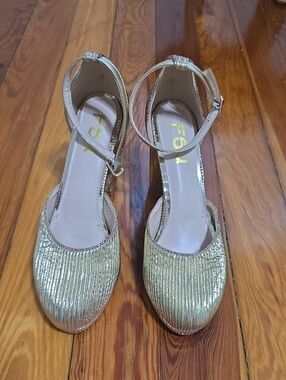 FSJ Gold Textured Ankle-Strap Pumps
